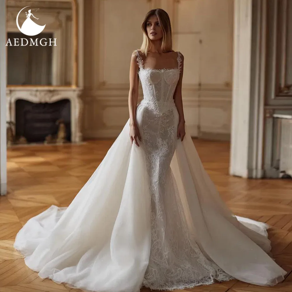 

Aedmgh Mermaid Sexy Wedding Dresses Spaghetti Straps Vestido De Novia Lace Embroidery Detachable Train Custom Made Bridal Gown