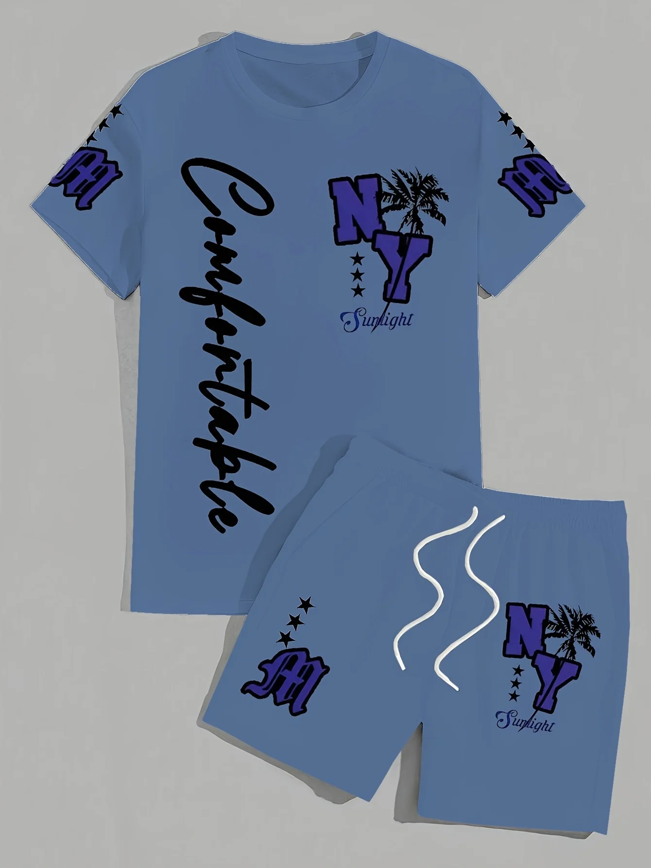 Summer 2025 new men's suit with letter prints, casual and fashionable outdoor, lightweight and breathable polyester men's wear