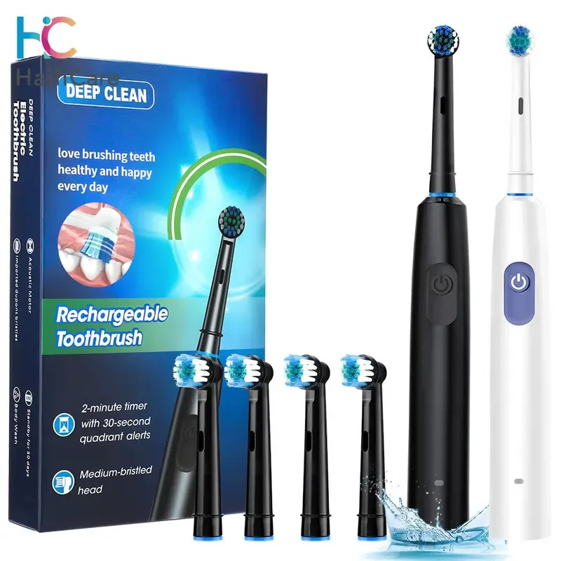 

Smart Rotating Timing Electric Toothbrush, Rechargeable Rotary Toothbrush with 4 Heads, 5 Modes Setting Teeth Whitening Oral Car