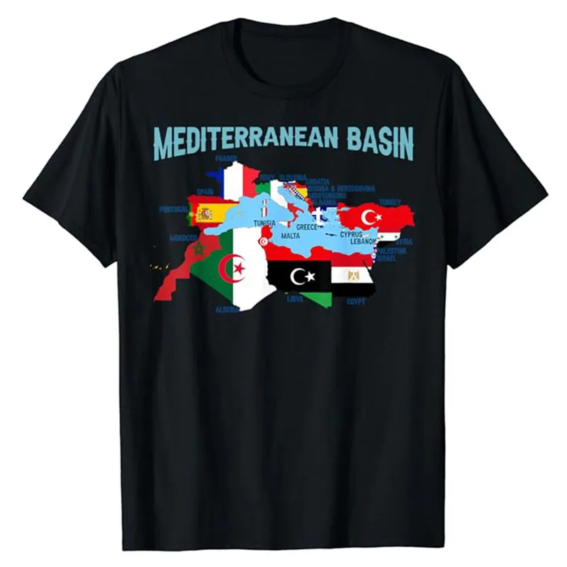 Mediterranean Countries European Flags Maps Tee, Map of Europe Mediterranean Basin T-Shirt Short Sleeve Blouses Political Outfit