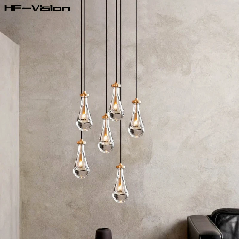

American vintage Gold glass water droplet Chandelier Lighting,Staircase Duplex Pendant Decoration Restaurant Villa Fixtures