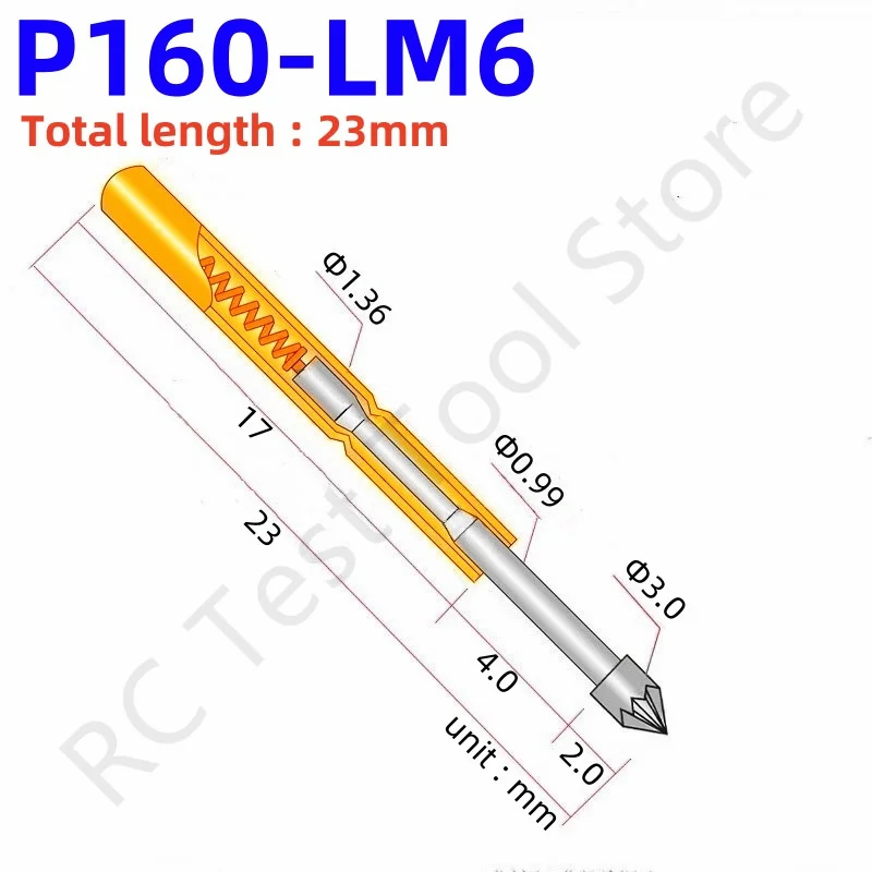100PCS P160-LM6 Spring Test Probe Brass Tube Spring Test Pin 23mm Needle Dia 1.36mm Pogo Pin P160-LM Head Dia 3.0mm Test Tool