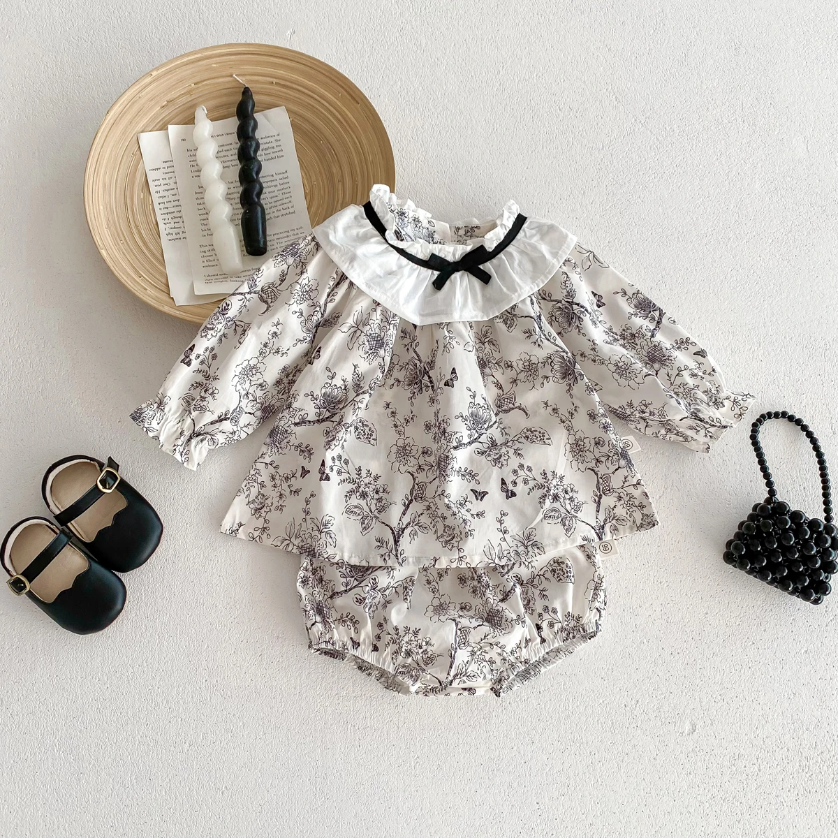 Autumn Baby Clothes Newborn Girls Fashion Chinese Ink Painting Style Long Sleeves Frilled Collar Tops + Shorts 2Pcs 0-2yrs