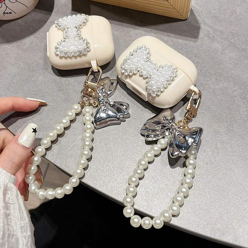 

Bluetooth Headphone Cover Luxury Pearl Bow Chain Silicone Earphone Case For 3 Pro 4 Headphone Protection Cover For Xiaomi Redmi