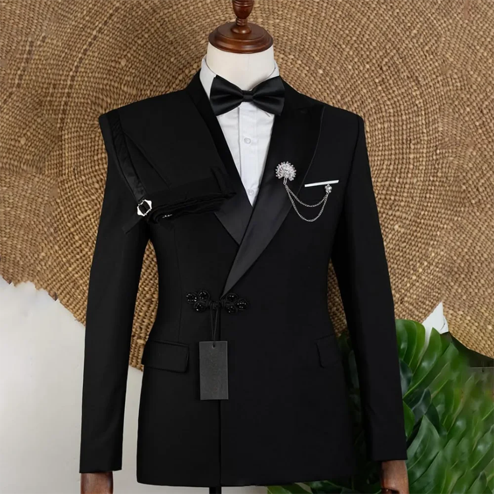 

Мужской атласный костюм с пиковыми лацканами, модный китайский наряд на пуговицах с узлом, комплект из 2 предметов, шикарный формальный вечерние свадебный смокинг (пиджак + брюки)