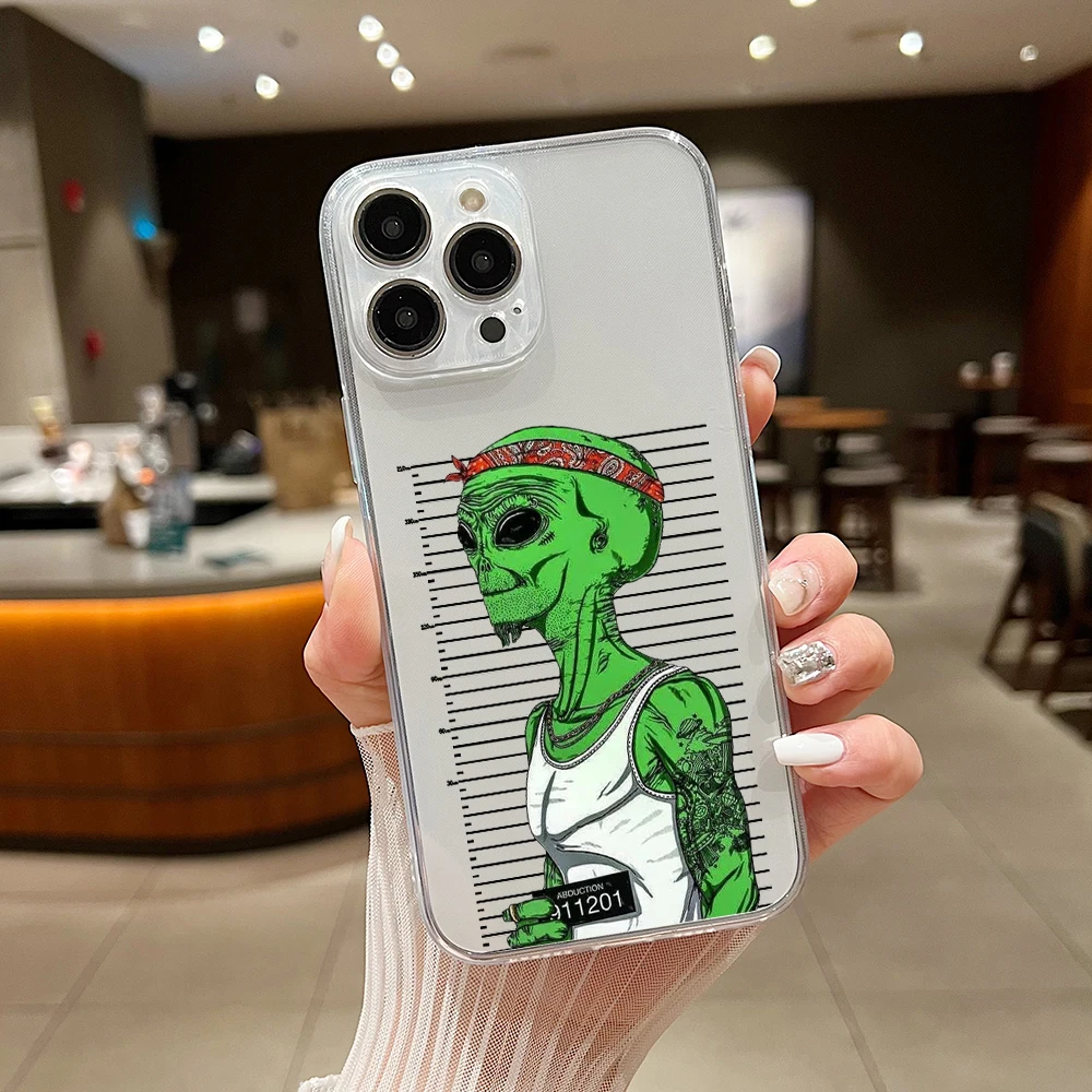 Funny Aesthetics Cartoon Alien Space Phone Case For iPhone 15 14 13 12 11 Mini Pro Max X XR 7 8 Plus Transparent Cover