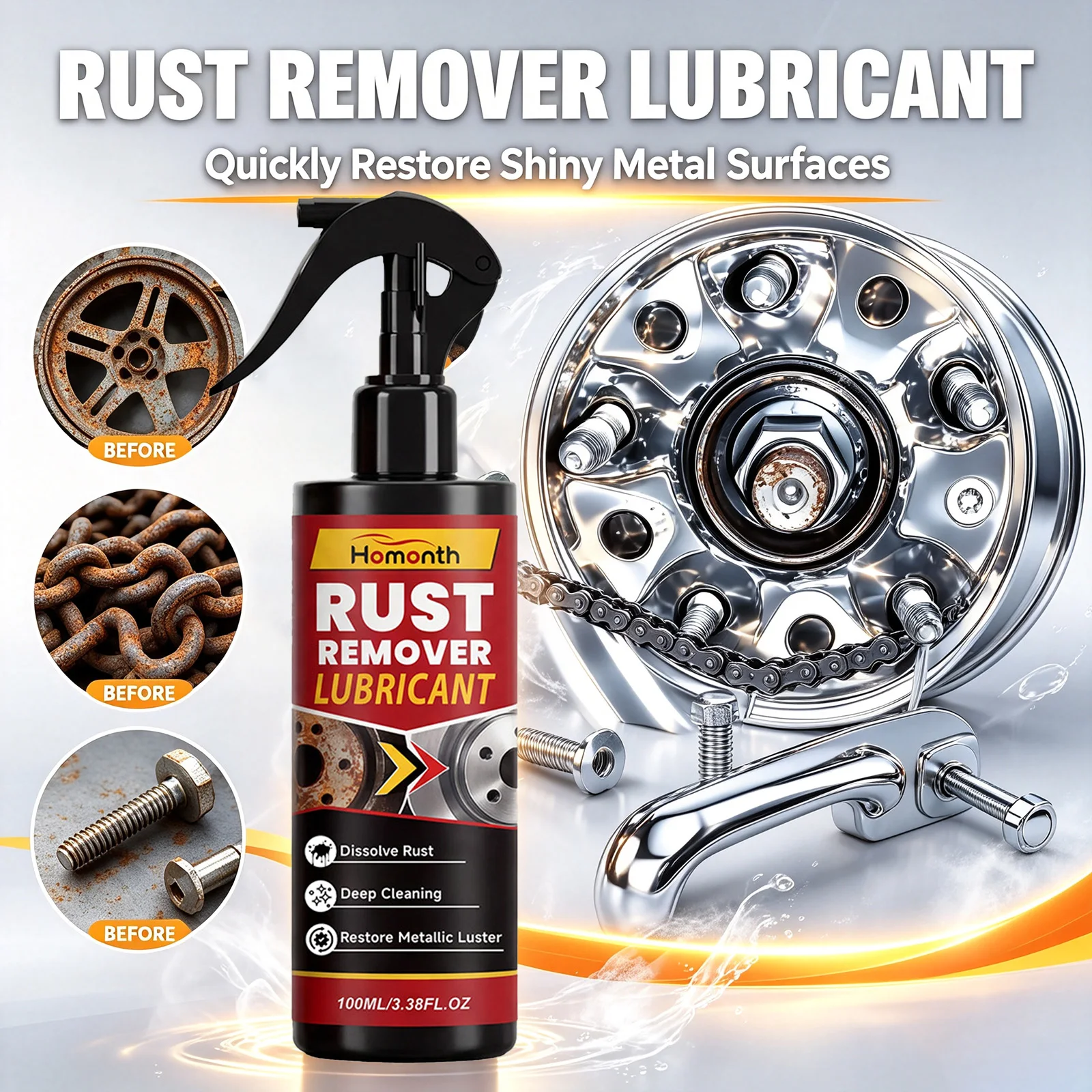 Powerful Fast-Acting Metal Oxide Dissolver Spray Anti-Rust Coating for Car Wheels, Tools, Surfaces Restoration & Protection