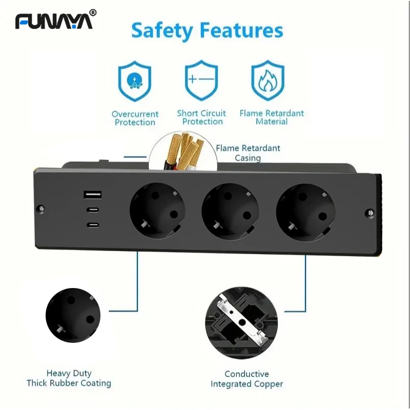 FUNAYA Built-in Socket EU KR with USB Type-c Embedded Hidden Desktop Power Outlet Office Furniture Multi Slot Extension Socket