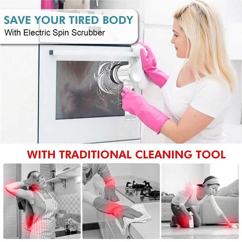 Rechargeable Cordless Electric Scrubber for Bathroom & Kitchen Tiles – 5 Rotary Brush Heads, EU Use (UA/ES/PL cleaning tools