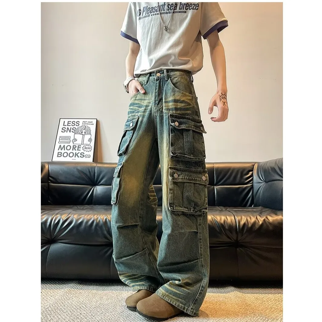 

Retro Workwear Style Loose Fit Straight Leg Jeans Men's Women's Trendy Brand Washed Multi-Pocket Casual Spring Autumn Denim