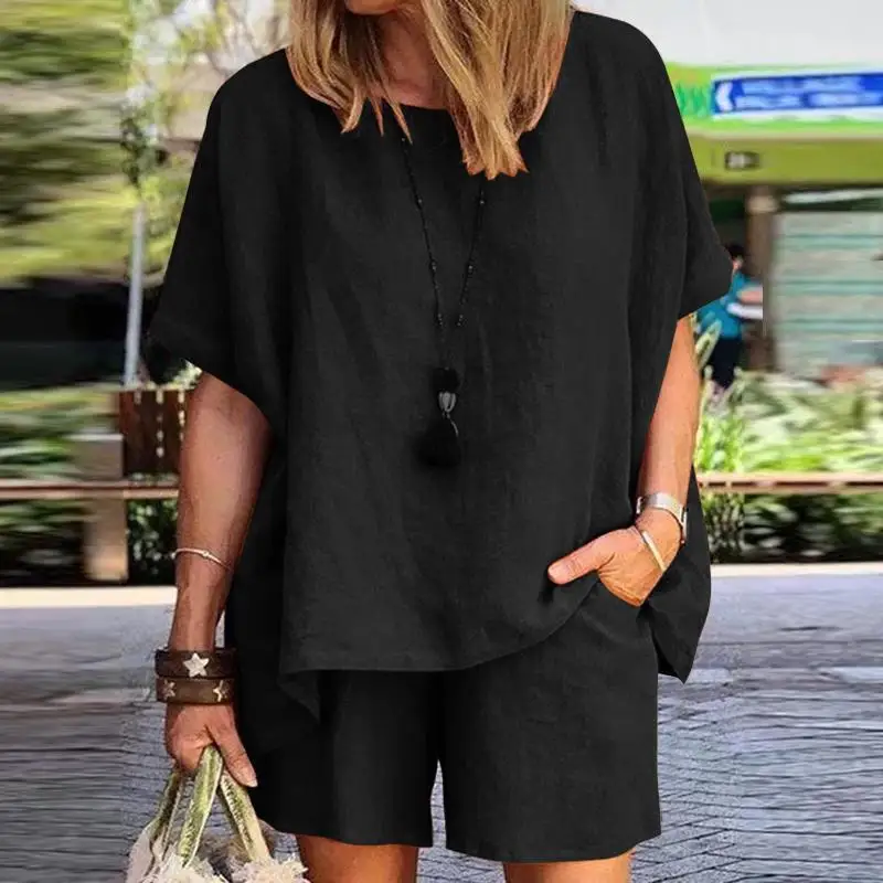 New Summer Suit Fashion Elegant Loose Short-sleeved Shorts Two-piece Set For Women Solid Office Casual Sets Holiday