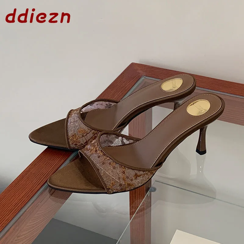 

Fashion Embroider Designer Mesh Women Pumps Thin Heels Shoes Female Sandals Slides Pointed Toe Elegant Ladies Heels Shoes
