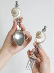 Ahunderjiaz-Light Luxury Natural Conch Shell Dessert Fork, Stainless Steel Flatware, Spoon, Kitchen Utensils Set, Home Tableware