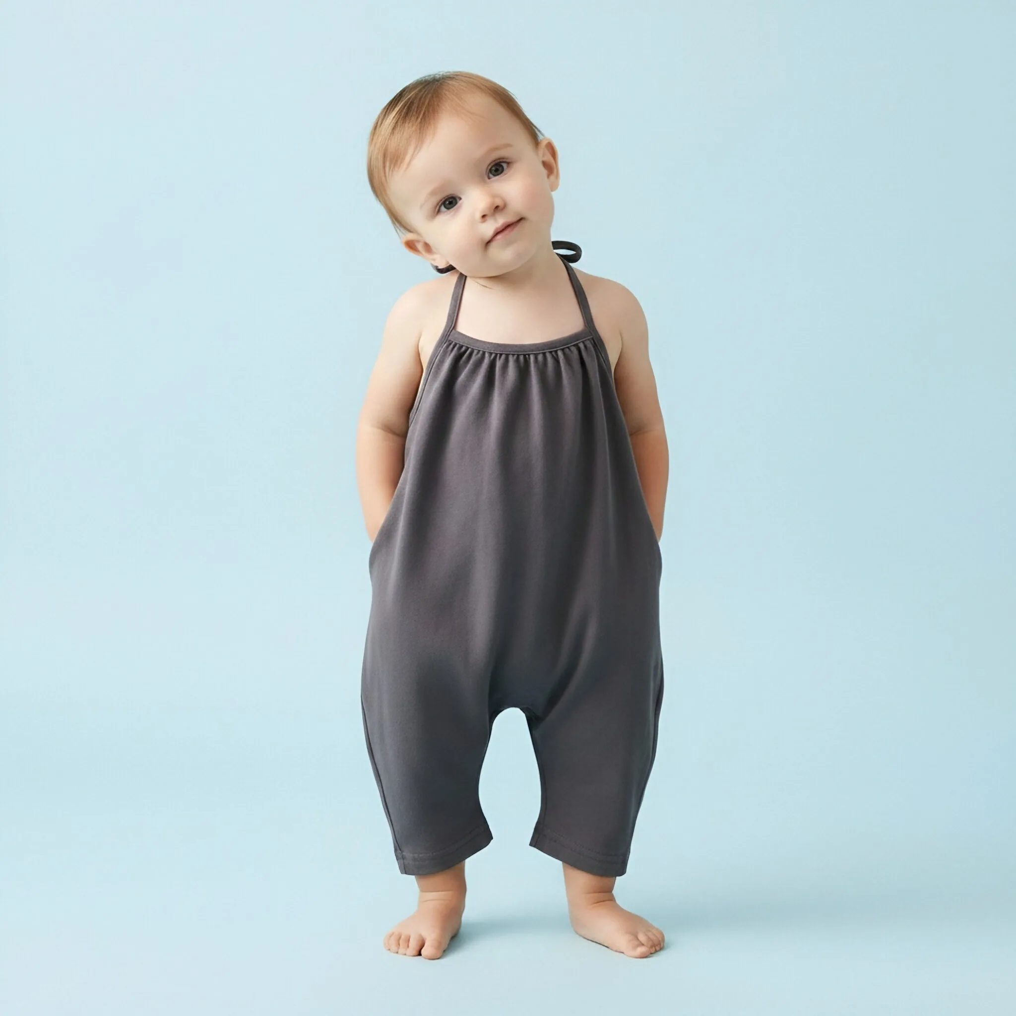 Summer Cool Breeze Halter Neck Romper for Infants and Toddlers, Solid Color Sleeveless Tie-Up Jumpsuit, Simple European and American Style