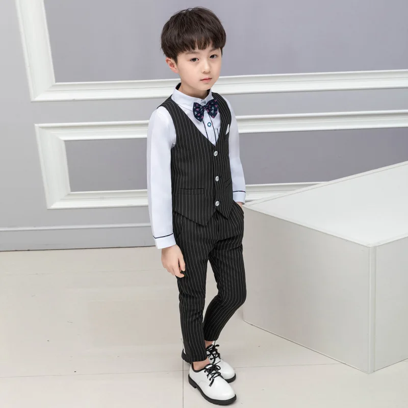 Boy Striped Top Ring Bearer Waistcoat Clothes Sets Kids Formal Suits Child Tie Long Sleeve Shirt Vest Trousers Toddler Outfits