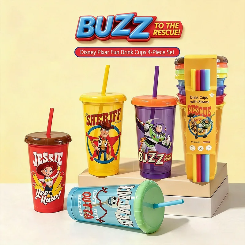 Juego de 4 Vasos de Plástico con Pajita de Toy Story, Oficiales, Reutilizables, Libres de BPA