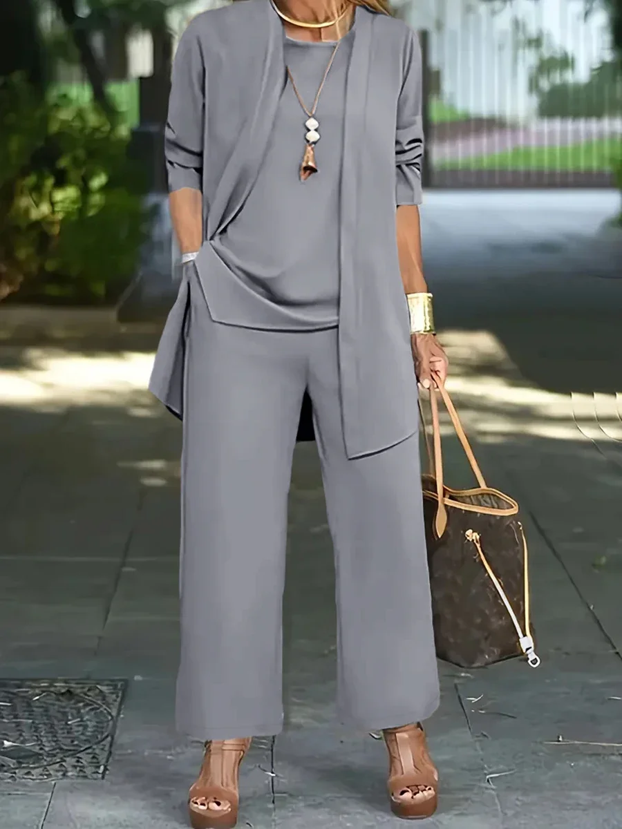 2026 Women 3 Piece Set Solid Long Sleeve Cardigan Top Wide Leg Pants Suit Elegant Office Lady Casual Autumn Fashion Wear