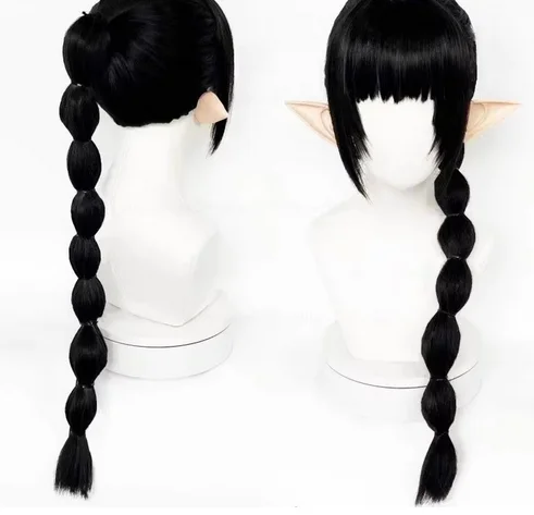 ShadowHeart Cosplay Wig Long Black With Ears Heat Resistant Synthetic Hair Halloween Party Wigs + Wig Cap