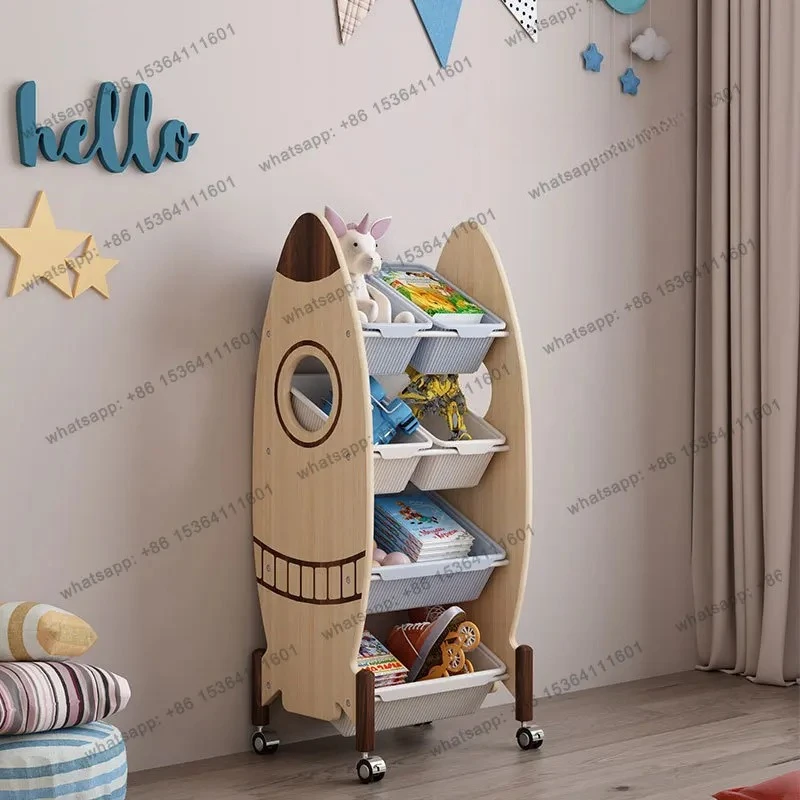 

Removable toy storage rack, shelf, solid wood bookshelf, trolley with wheels, finishing cabinet