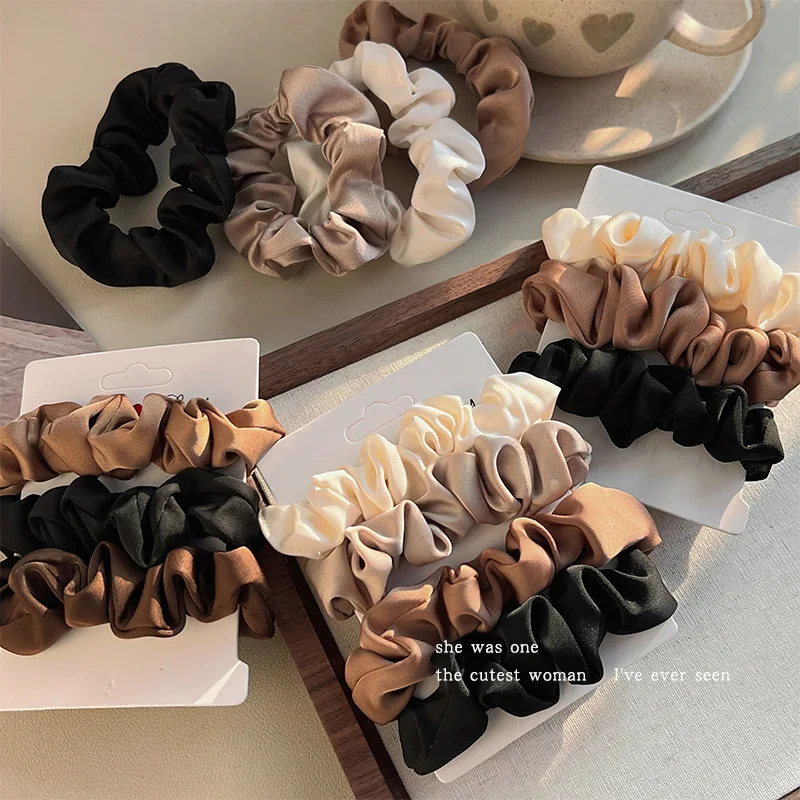3 Stück Satin-Haargummis für Damen, eleganter Pferdeschwanzhalter, Haarband, einfarbig, elastisches Haarband, modische Haar-Accessoires – Detail 4