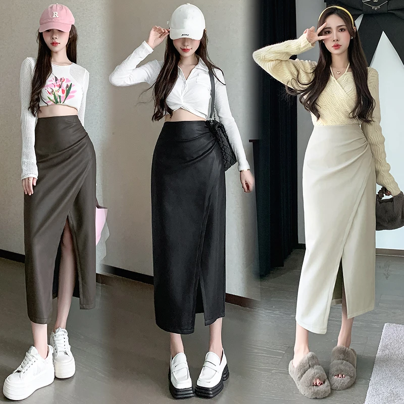 Seoulish Autumn Winter Front Split PU Leather Women Long Skirts 2023 New High Waist Classic Office Pleated A-Line Skirts Female