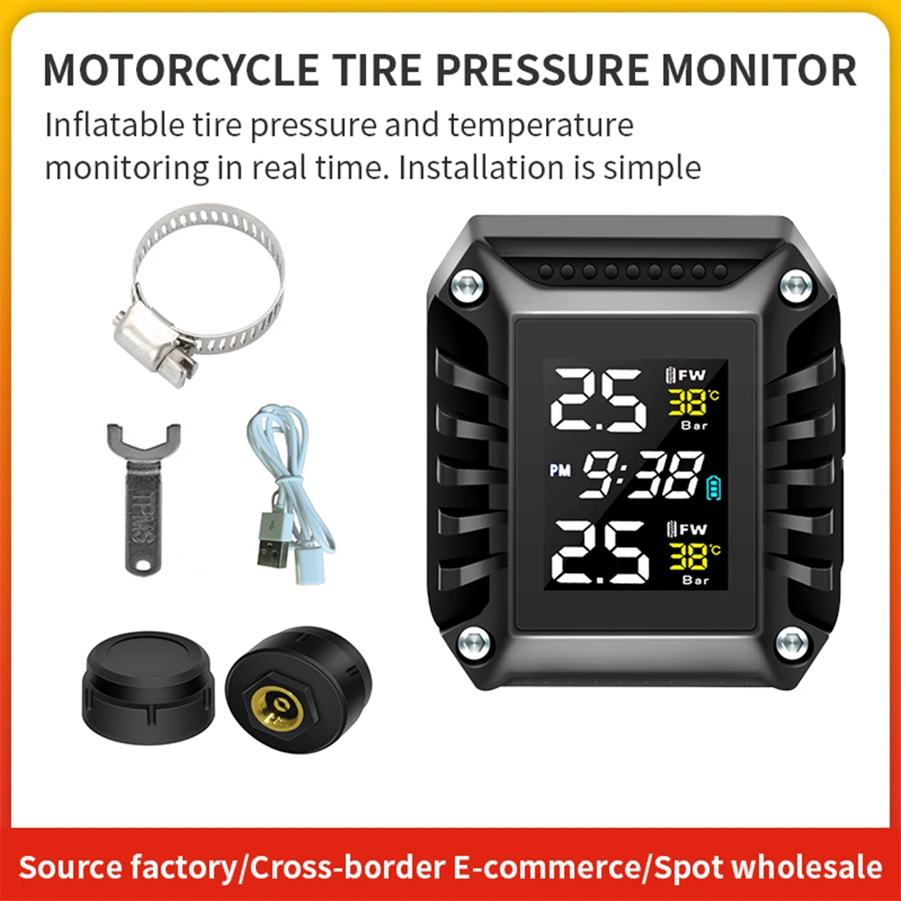 

Wireless Motorcycle TPMS With 2 External Sensors Motorbike Tire Pressure Monitoring Tyre Temperature Alarm System Time Display