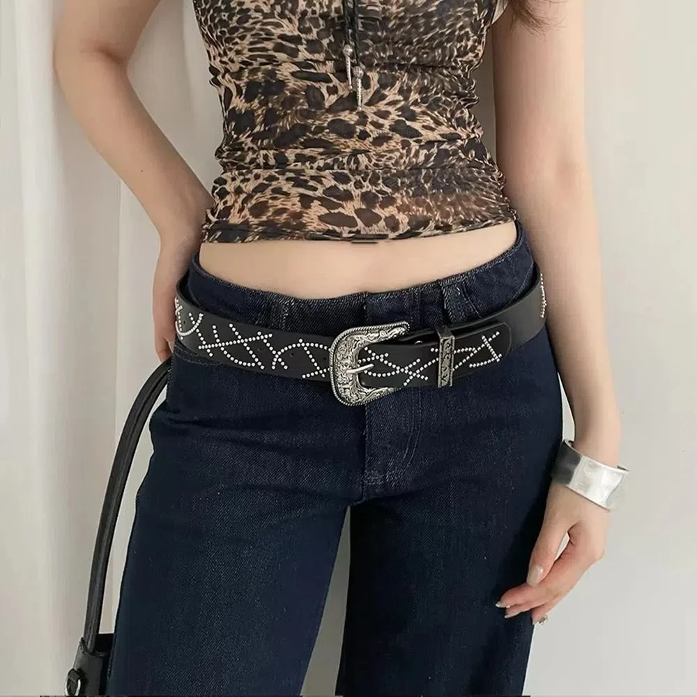 

Vintage Korean Women's Belt Gothic Black White Buckle Waist Belt Rivet Y2k Dress Jeans Belt Ladies/Girls