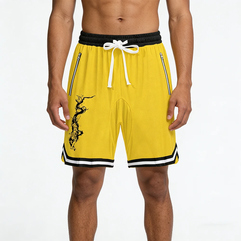 

Мужские повседневные спортивные шорты для бега, разноцветные шорты с эластичной резинкой на талии и карманами на молнии в полоску тигра, геометрический графический принт