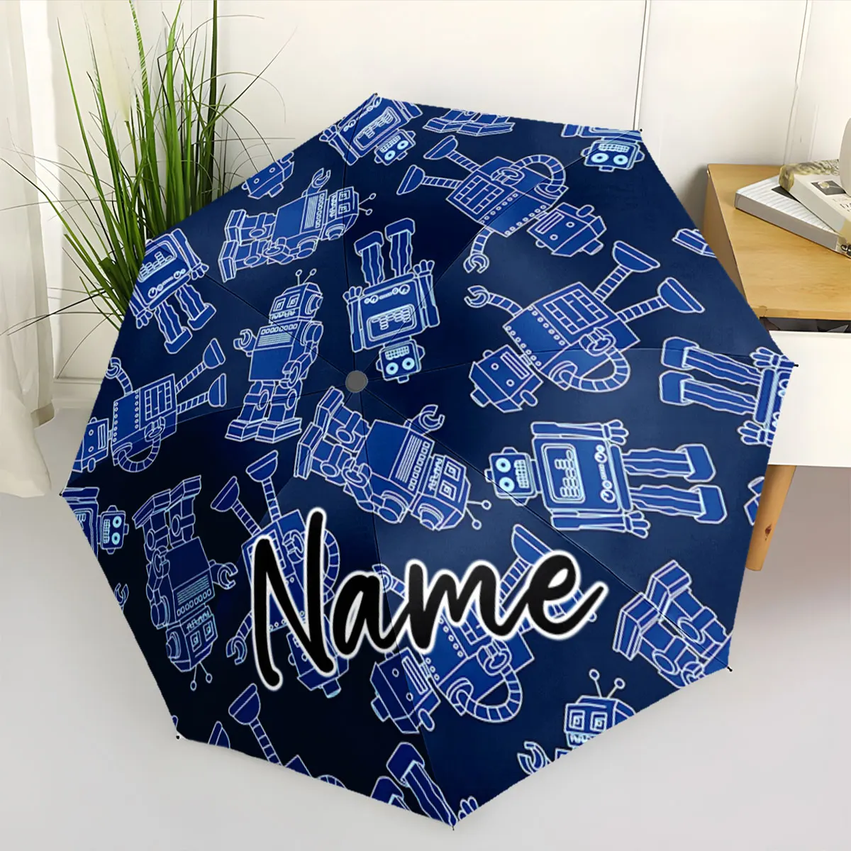 Custom Name Creative Robot-Themed Umbrella Design on Dark Print 8 Iron Ribs Folding Umbrella Auto-Open Fashion Sunshade