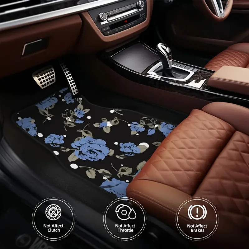 مجموعة واحدة من 4 قطع من سجادات أرضية السيارة الأصلية الأنيقة باللون الأزرق الوردي - 4 قطع، تصميم رائع على شكل زهرة سوداء وزرقاء، مناسبة لـ Luxu #4