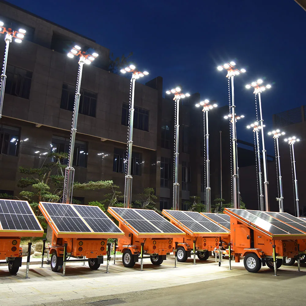 Hot Selling Hydraulic Lifting Pole Hybrid Genset Gel Battery Solar Light Tower for Outdoor