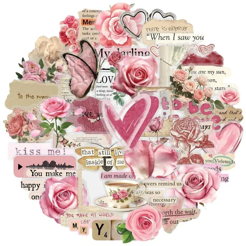 50 Pcs Vintage Rose Love Decor Stickers Self-Adhesive PVC Retro Graffiti Decals for Travel Luggage Helmet Decor
