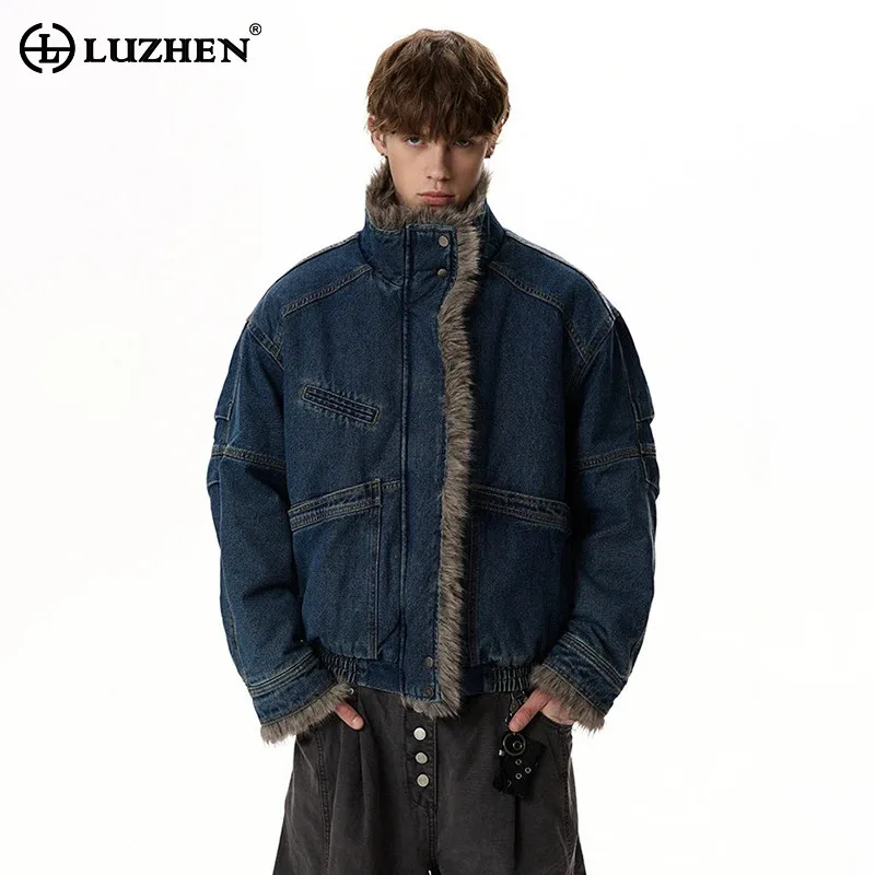 LUZHEN Splicing High Quality Faux Fur 2026 Design Winter Denim Padded Coat Men's Fashion Handsome Thickened Parka Jacket JY9146
