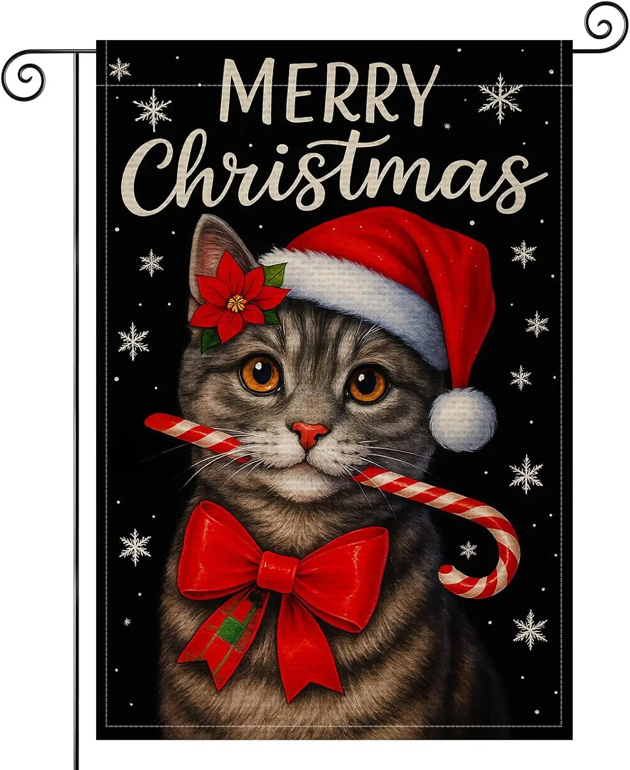 HOMETITUTE Merry Christmas Cat Garden Flag Double Sided 12x18 Inch Burlap Winter Garden Flag Cat with Santa Hat and Candy Ca zzo