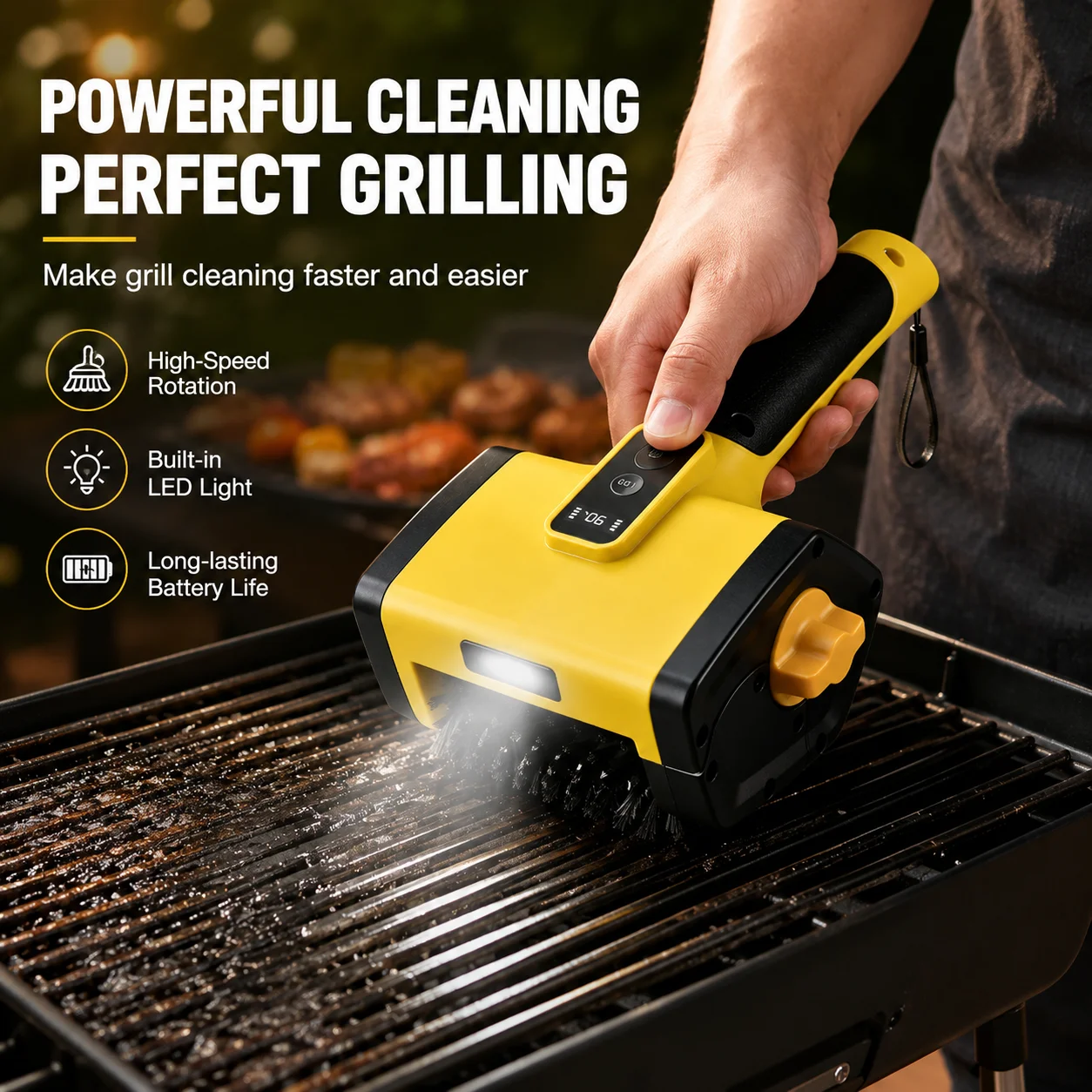 Hippcron 7.4V Electric Barbecue Brush Built in LED Light 800RPM HIGH-SPEED Night Cleaning Brush 304 Stainless Steel Bristles