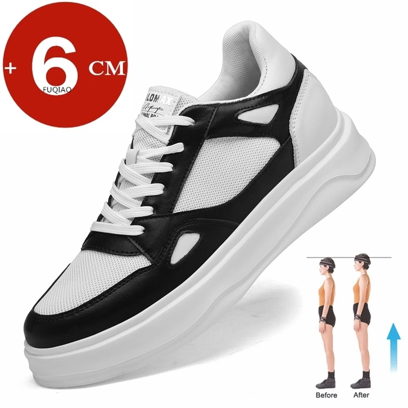 

Men and Women Summer Genuine Leather Elevator Sneakers 6cm Heel Lift Breathable Mesh and Leather Comfortable Casual Shoes