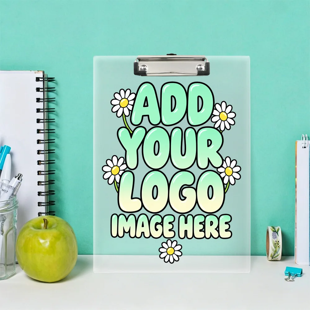 1PC Personalized Acrylic Clipboard Custom Name Photo Logo 2mm Writing Board with Metal Clip Hanging Hook for Office School