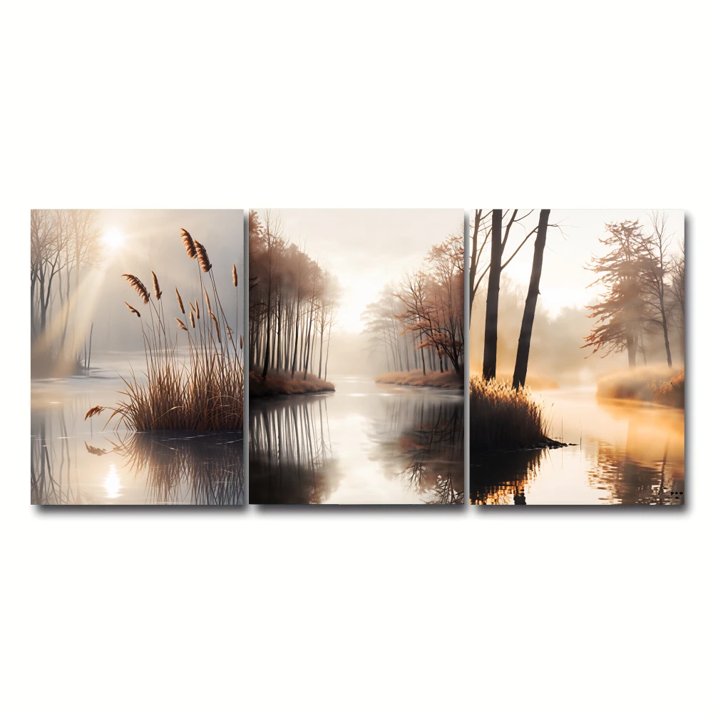 2D FLAT 3‑Piece Framed Canvas Wall Art Set, White Forest Lake Sunrise Scenery Print, Ready‑to‑Hang Wall Decor for Living Room