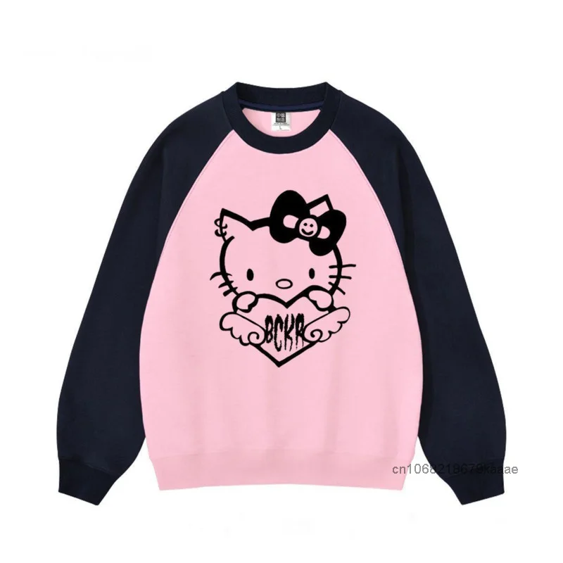 Sanrio Hello Kitty College Style Print Sweater Sweet Soft Y2k Girl Fashion Round Neck Pullovers Women Spring Autumn Casual Top