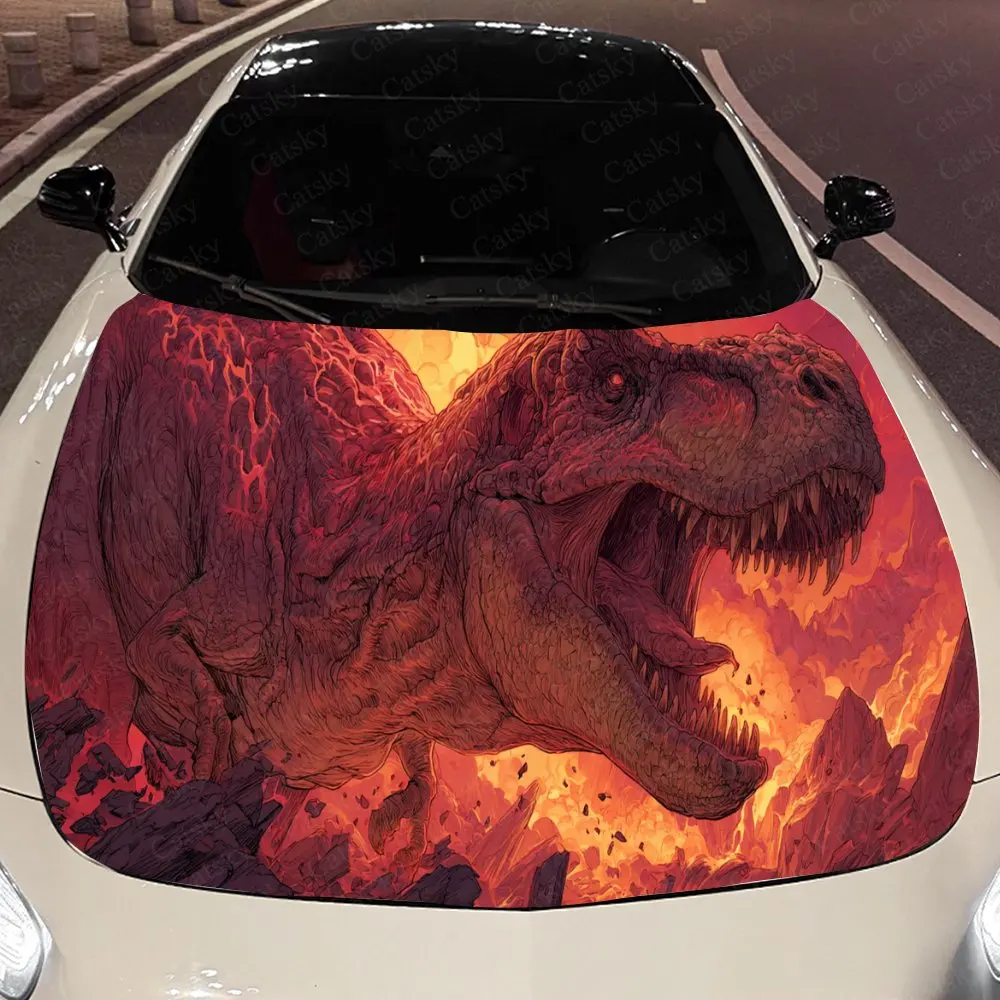 Flaming Dinosaur Auto Cover Sticker, Waterdichte en zelfklevende Auto Hood Decal, Auto Vinyl Wraps, Cool Car Exterior Decal, Ho