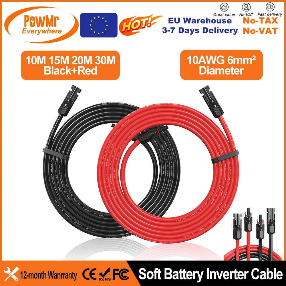 PowMr EU 30M 10AWG 6mm² 328FT Solar Power Cable Wire PV Photovoltaic Cable TUV Cable With PV Panels Connection Red Black Jacket