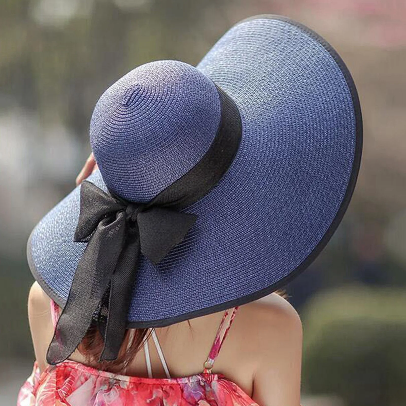 Damen-Sonnenhut aus Stroh in Lila mit großer Krempe, Outdoor-Reise-Strandkappe mit Schleife, Vintage-Accessoire