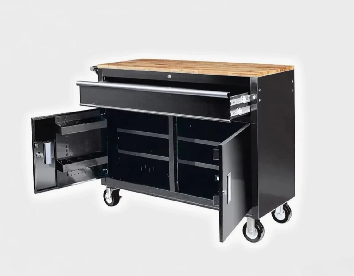 46 In. Mobile Workbench with Solid Wood Top Tool Cabinet Black