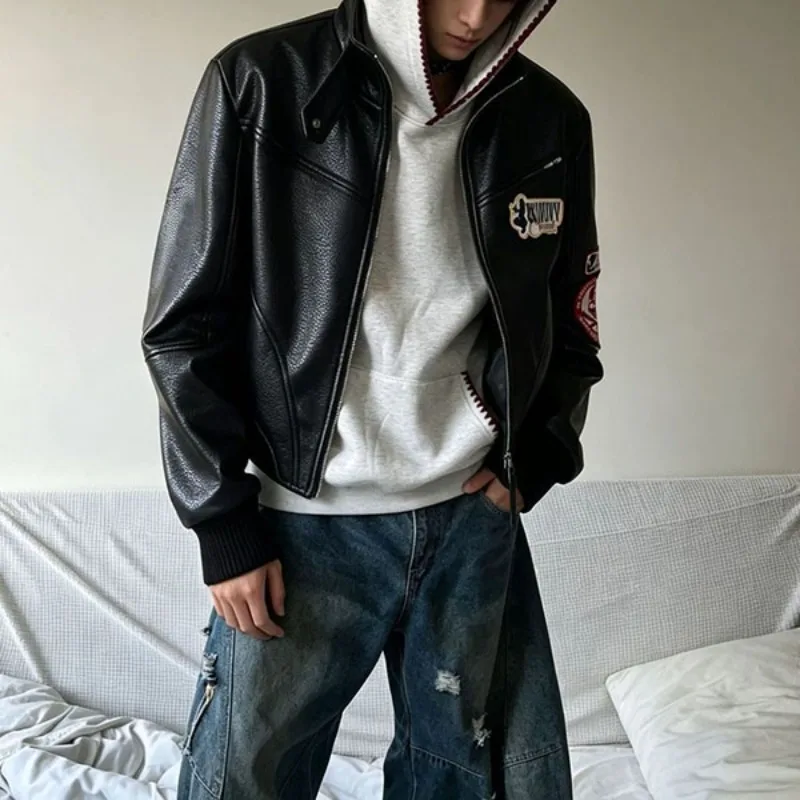 Japanese Style Embroidered Stand Collar PU Leather Jacket Men's Cool Trendy Racing Suit Unisex Motorcycle Short Coats Streetwear - view 6