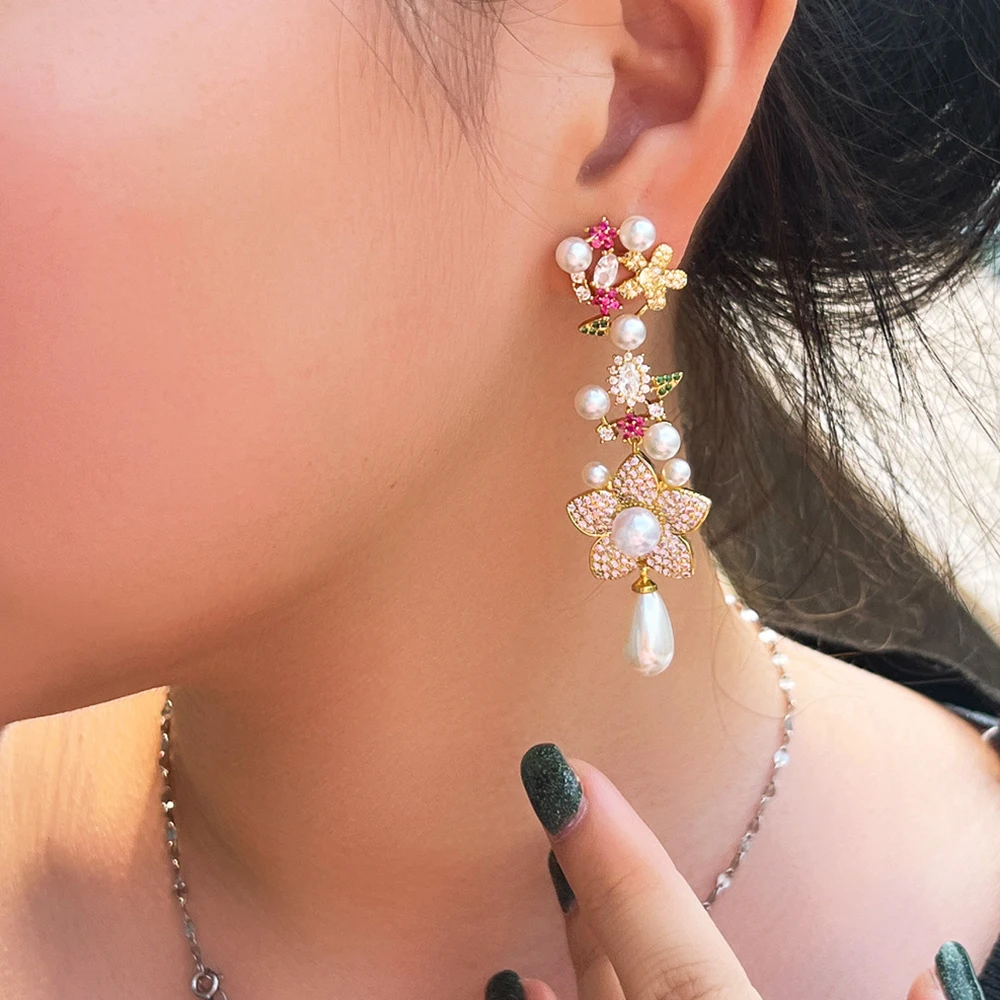 BeaQueen Exquisite Long Flower Drop Dangle Earrings with Pearl Shiny Colorful Cubic Zirconia Jewelry Women Anniversary Gift E632