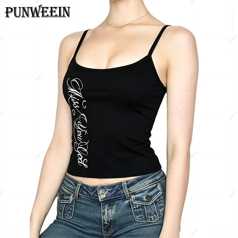 Women Y2K Vintage Letter Print Women Cami Tank Top Black Spaghetti Strap Slim Fit Sleeveless Crop Camisole Summer Streetwear Ves