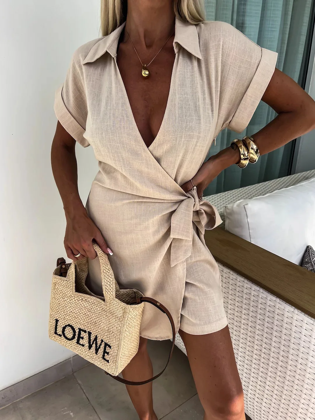 Summer 2025 Women's Short Sleeve Jumpsuit Lapel Solid Color Fashion Wrinkled Lace High Street High Waist Slim Shorts Set