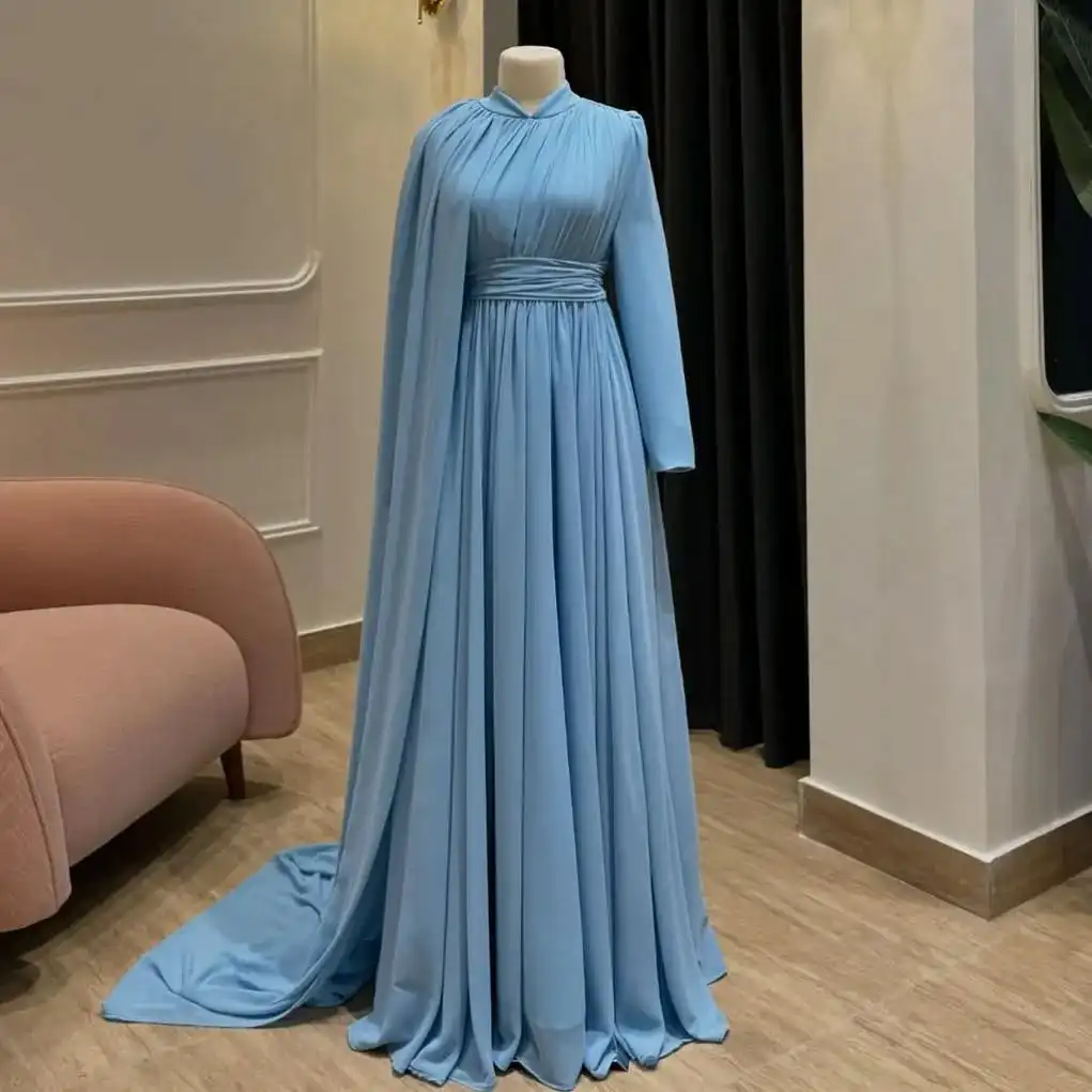 

Customized High Quality Chiffon A-Line Crystal Beading Evening Dress Formal Long Sleeves O-neck Floor Length Party Gowns