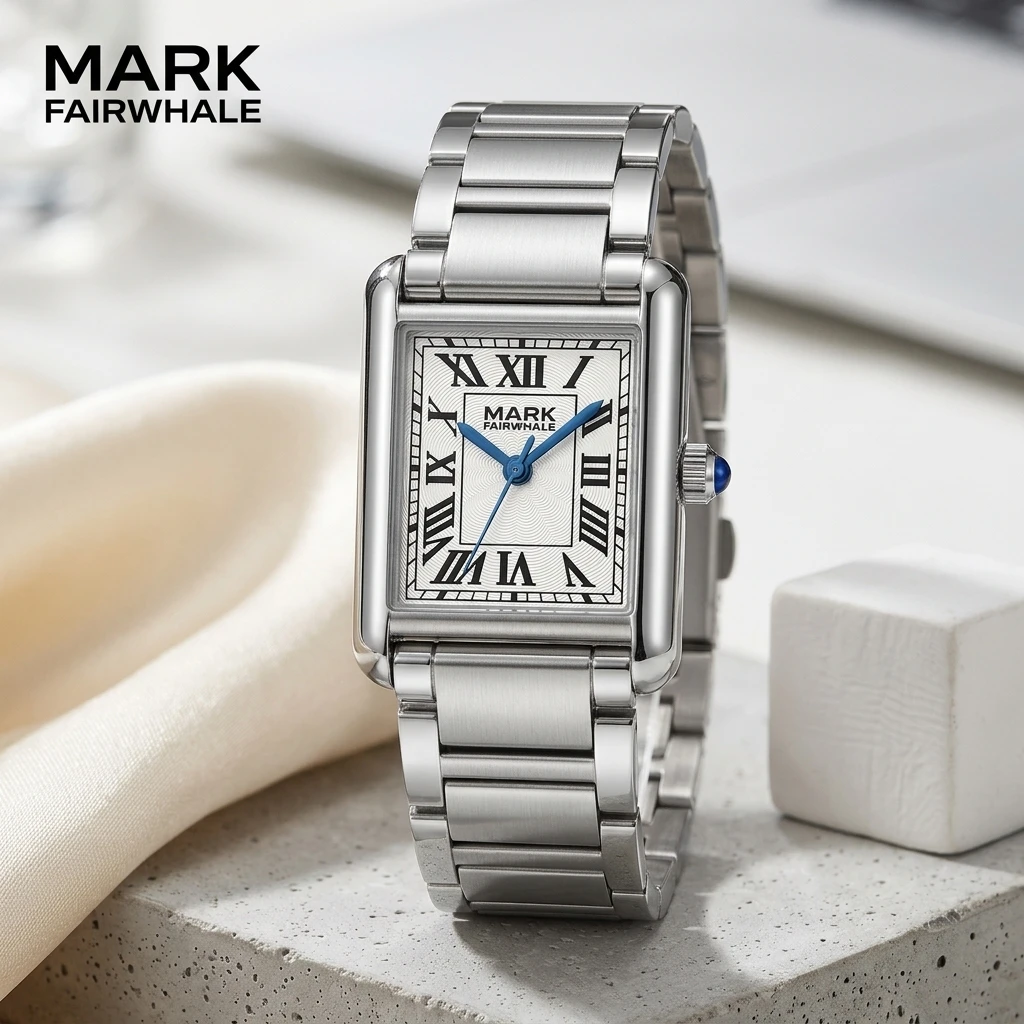 Mark Fairwhale Elegant Ladies Quartz Watch Rectangular Case Guilloche Texture Dial Blue Hands Metal Strap Female Wrist Watch