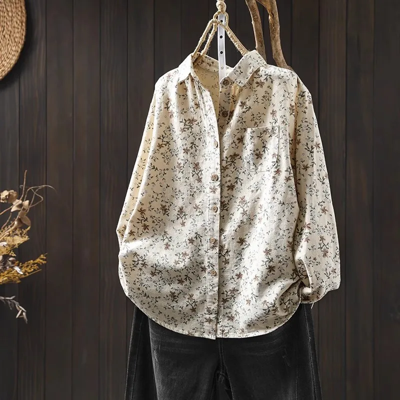 Novo 2025 inverno algodão manga longa camisa escovada, feminino turn-down colarinho impressão, mori menina redução de idade blusa solta t5n020cc